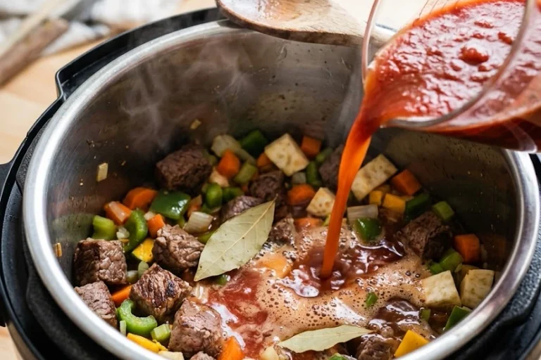 adding broth and tomato sauce to keto beef stew in the Instant Pot