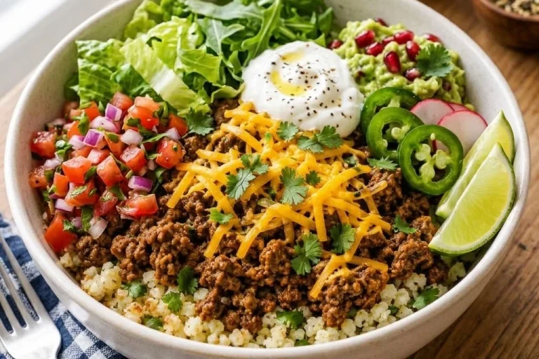 finished keto taco bowl with beef, cauliflower rice and toppings
