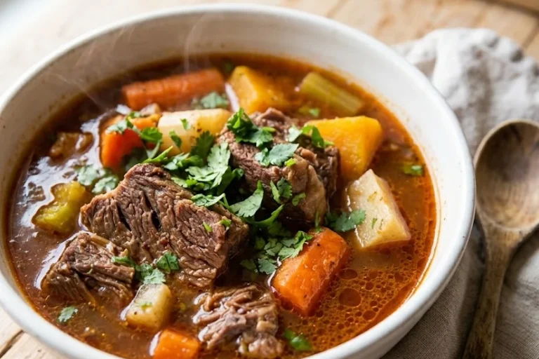 bowl of Instant Pot keto beef sancocho with tender beef and vegetables