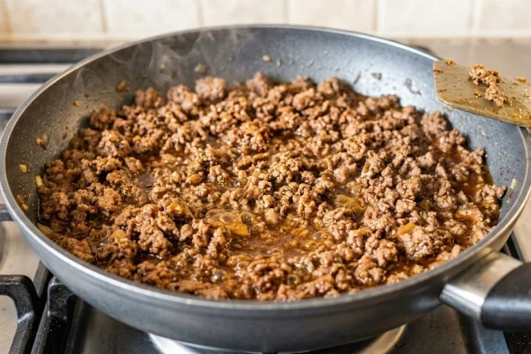 seasoned taco beef simmering in a skillet