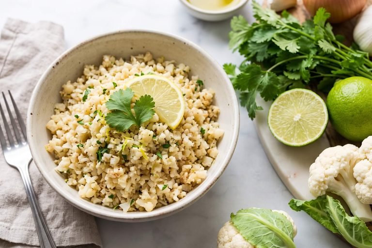 lime cilantro cauliflower rice in a skillet