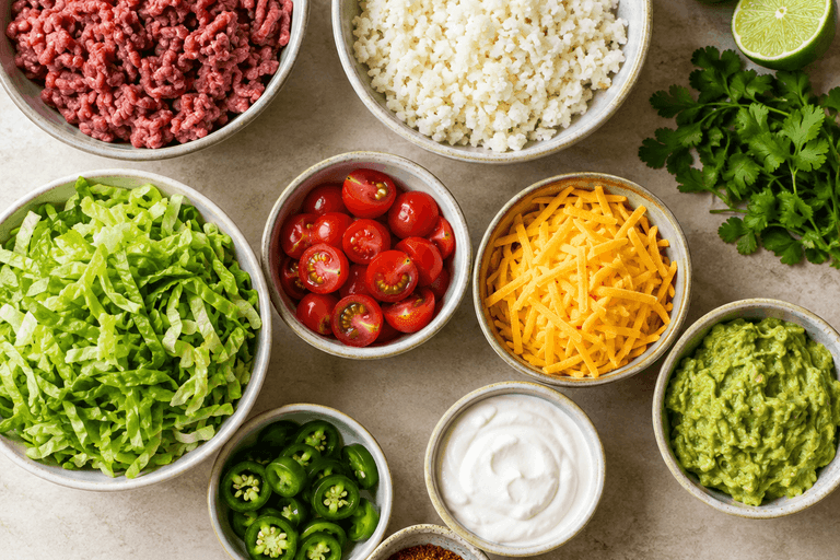 ingredients for keto taco bowls on a counter